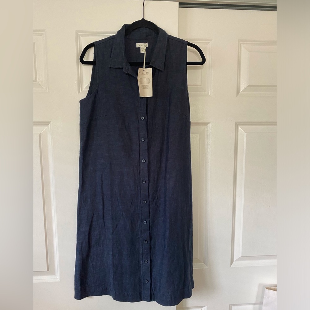 Garnet Hill blue linen sleeveless dress size 8 button front